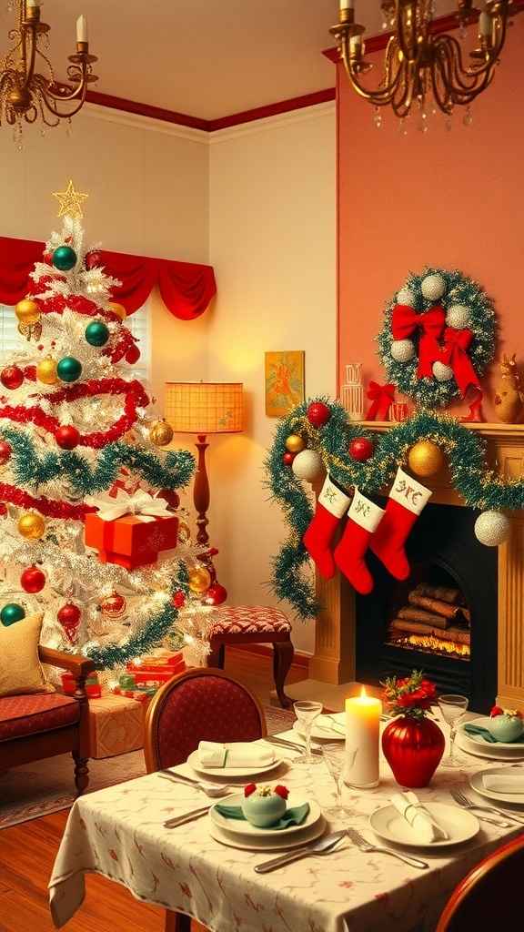 A 1950s style Christmas living room with an aluminum tree, colorful ornaments, tinsel, and vintage decorations.